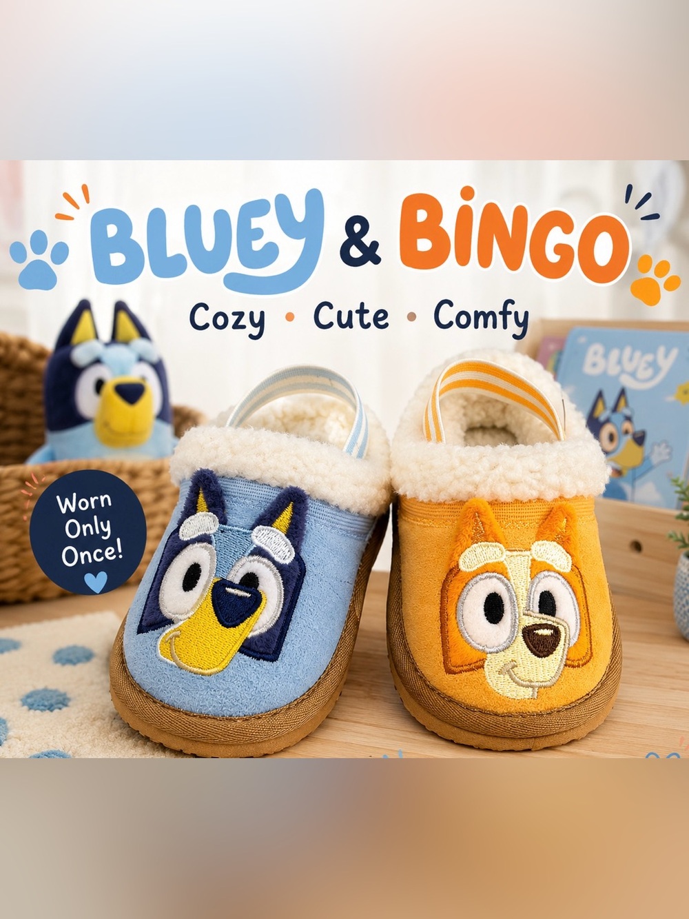 Bluey Bingo Toddler Faux-Shearling Plush Slipper Shoes Ground Up Size 9